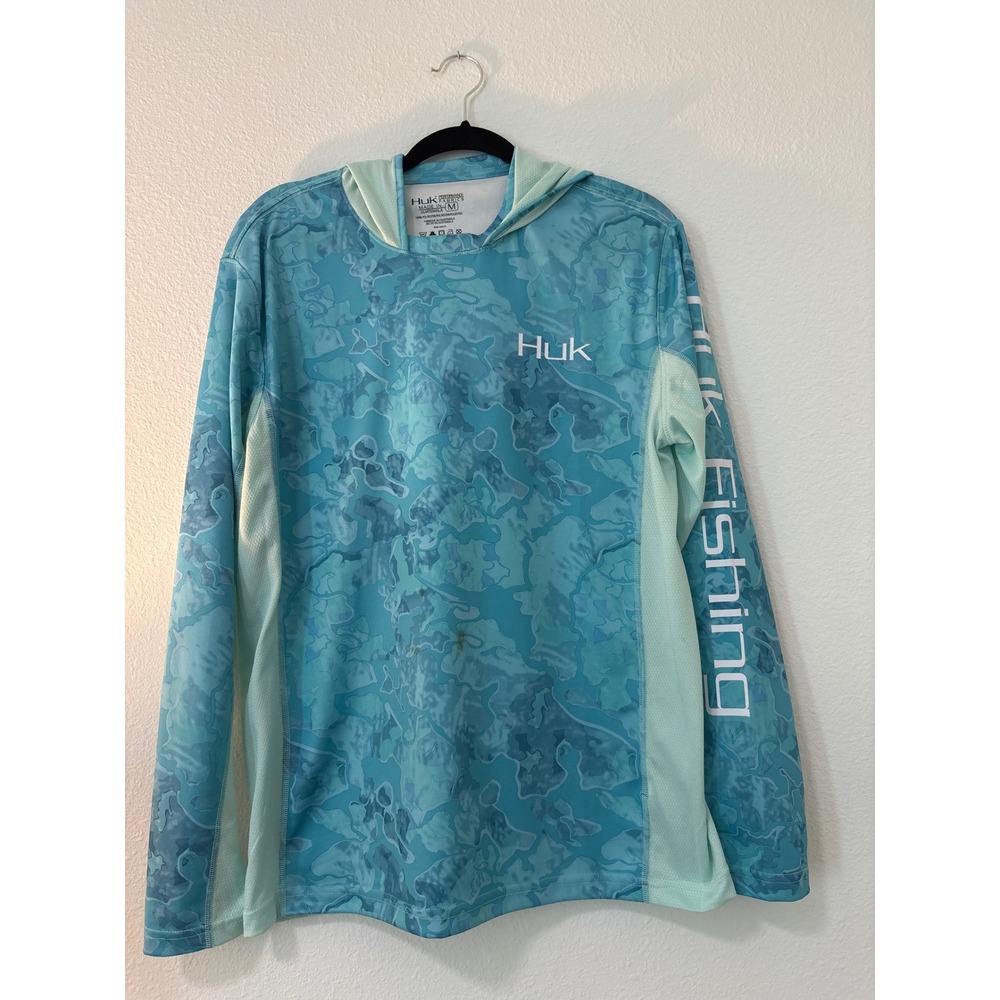 Huk Performance Fishing Hoodie Mens Medium Blue Camo Long Sleeve Sun Shirt